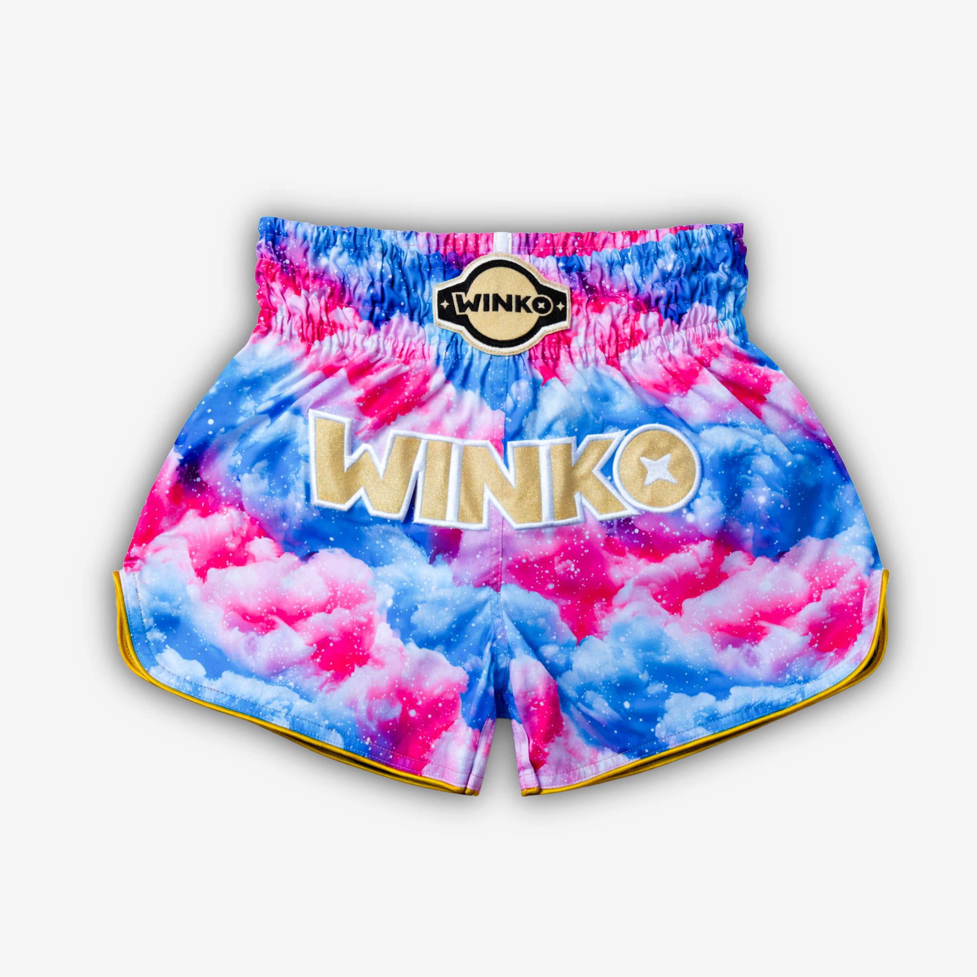 Blue and Pink Clouds Print with golden glitter WINKO logo at the front.  Premium Quality Muay Thai shorts designed for unrestricted movement and reliable performance.

Quick-dry and lightweight
Flexible fabric
Side slits for freedom of movement
Adjustable waistband
Unique sublimation print
Embroidered logo