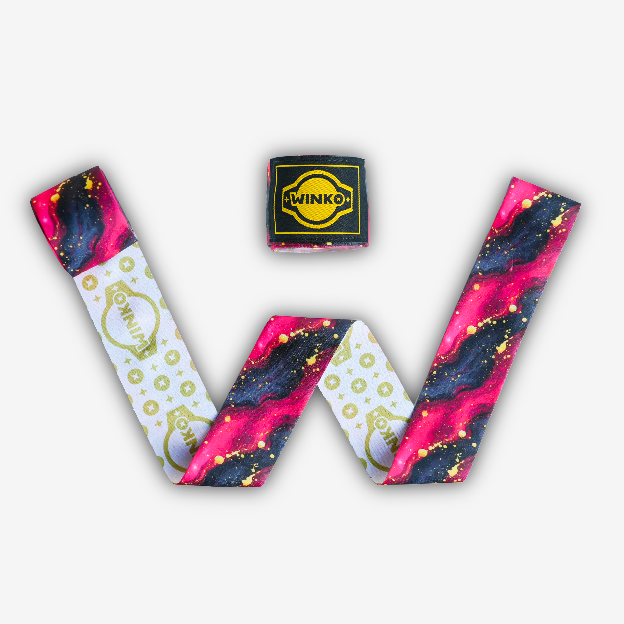 Two boxing hand-wraps - showing that are printed on both side. On one side is a high-definition marbled red, gold and black pattern. Luxurious look. Revers side shows repeated gold WINKO logo on white background.

Engineered to deliver optimal support and protection. The dual-sided sublimation print offers two style options: wrap either way for a different look.

Thin profile and smooth-touch surface
Lightly elastic blend
Lightweight
Integrated thumb loop, Velcro strap