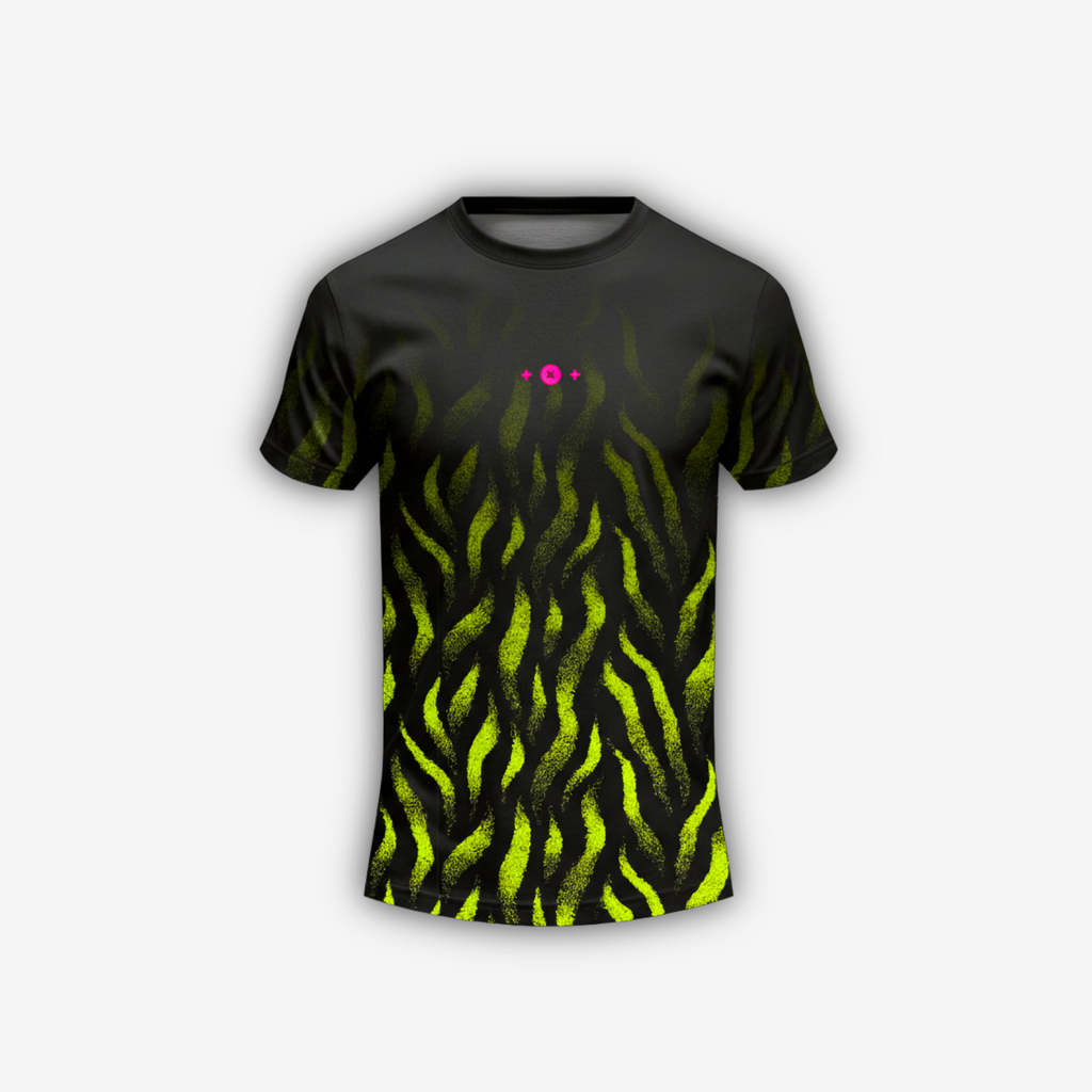 Black t-shirt with green flame pattern on a white background 

Training t-shirt designed for comfort, breathability, and everyday performance.

KEY FEATURES:
Quick-dry and lightweight
Flexible material for unrestricted movement
Comfortable athletic fit
Subtle printed logo

Made in Bangkok.