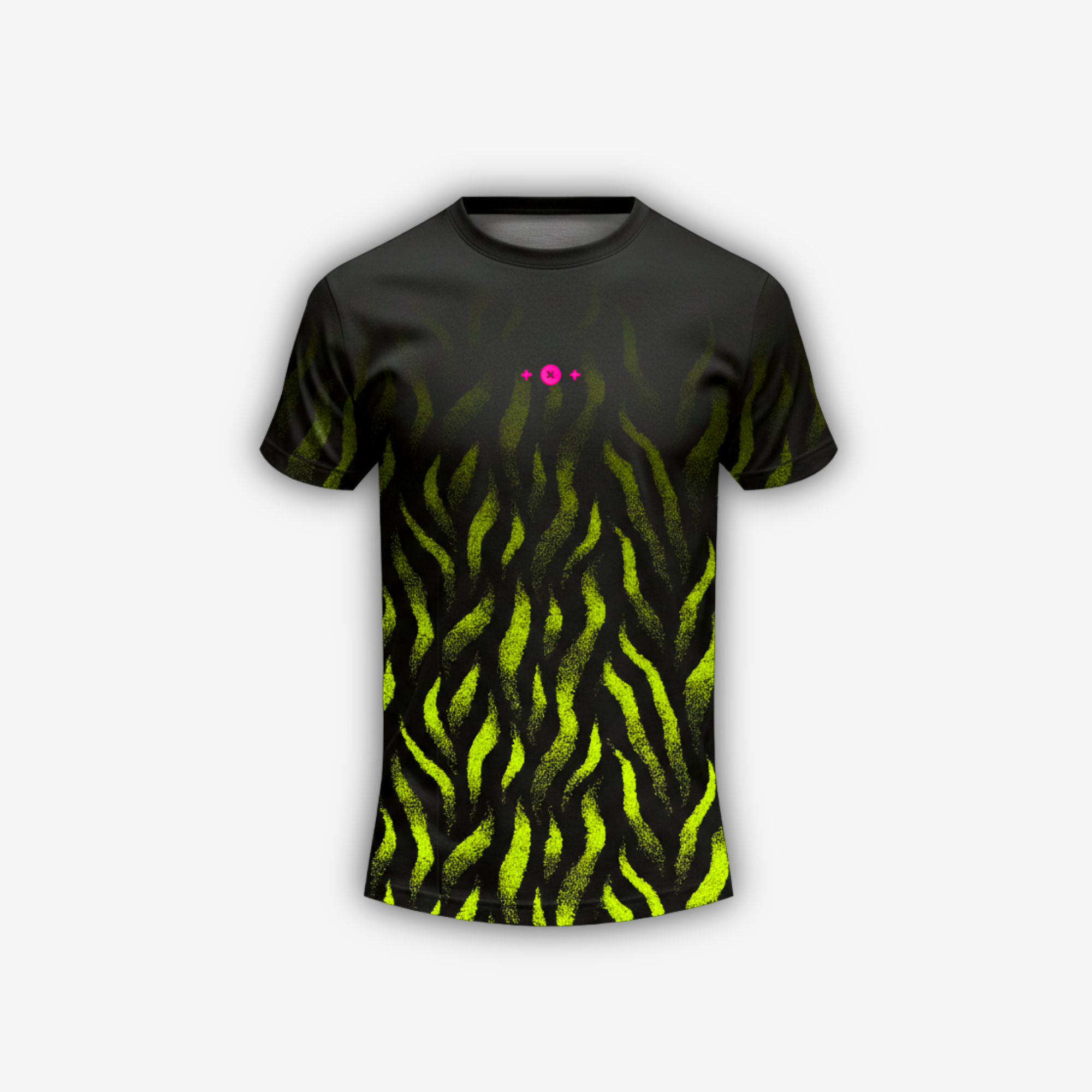 Black t-shirt with green flame pattern on a white background 

Training t-shirt designed for comfort, breathability, and everyday performance.

KEY FEATURES:
Quick-dry and lightweight
Flexible material for unrestricted movement
Comfortable athletic fit
Subtle printed logo

Made in Bangkok.